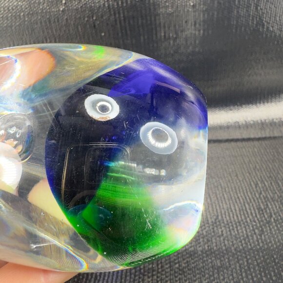 Vintage 1980s Oval Glass Paperweight With Large Bubbles Blue Green Glass Decor - Picture 6 of 11